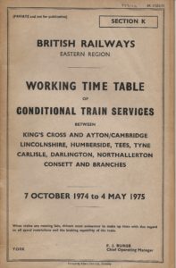 British Railways Eastern Region Working Timetable of Conditional Train Services - 7 October 1974 to 4 May 1975