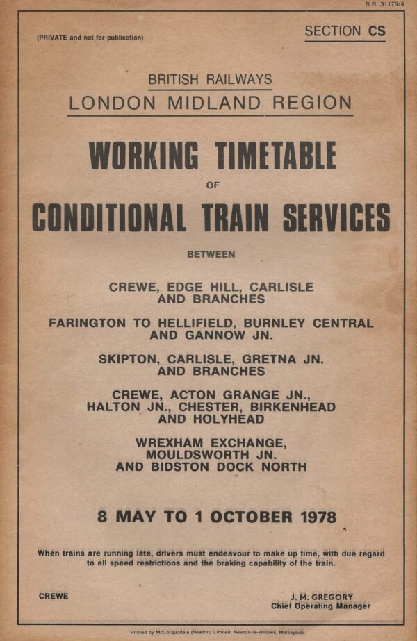 British Railways Midland Region Working Timetable of Conditional Train Services 8 May to 1 October 1978
