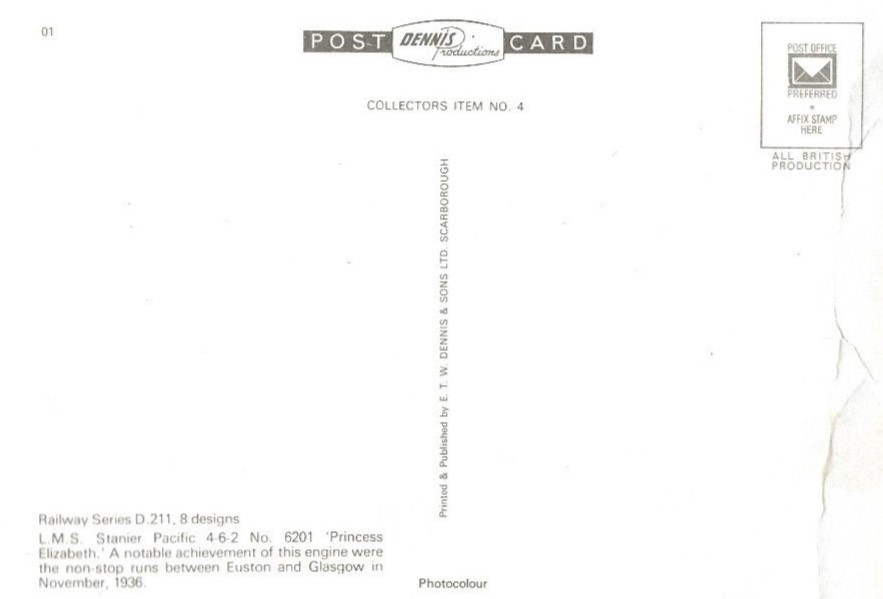 L.M.S Stanier Pacific 4.5.2 No 6201 'Princess Elizabeth' (Dennis Productions) -Back Cover