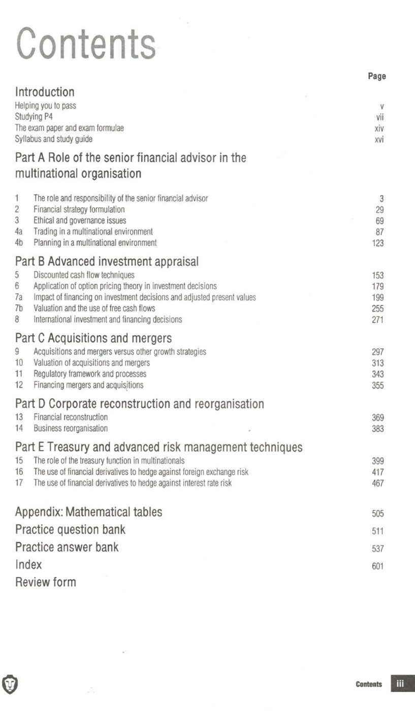 ACCA Approved Study Text: P4 Advanced Financial Management (2016 Edition) Contents Page