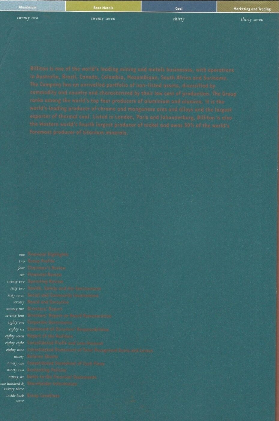 Billiton Annual Report 1999 -Contents Page