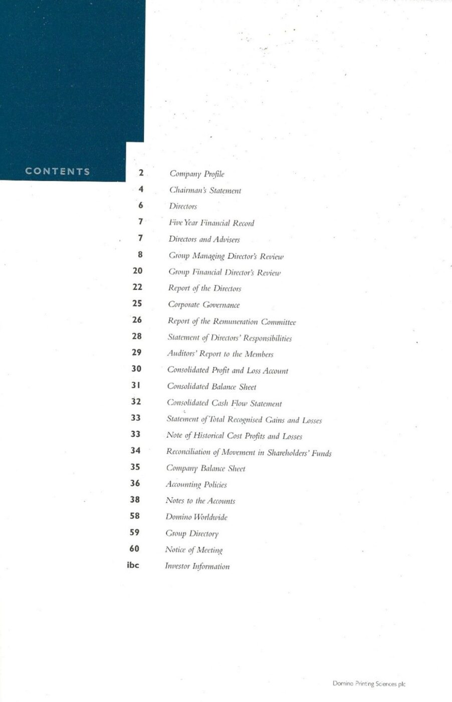 Domino Report and Accounts 1998 -Contents Page